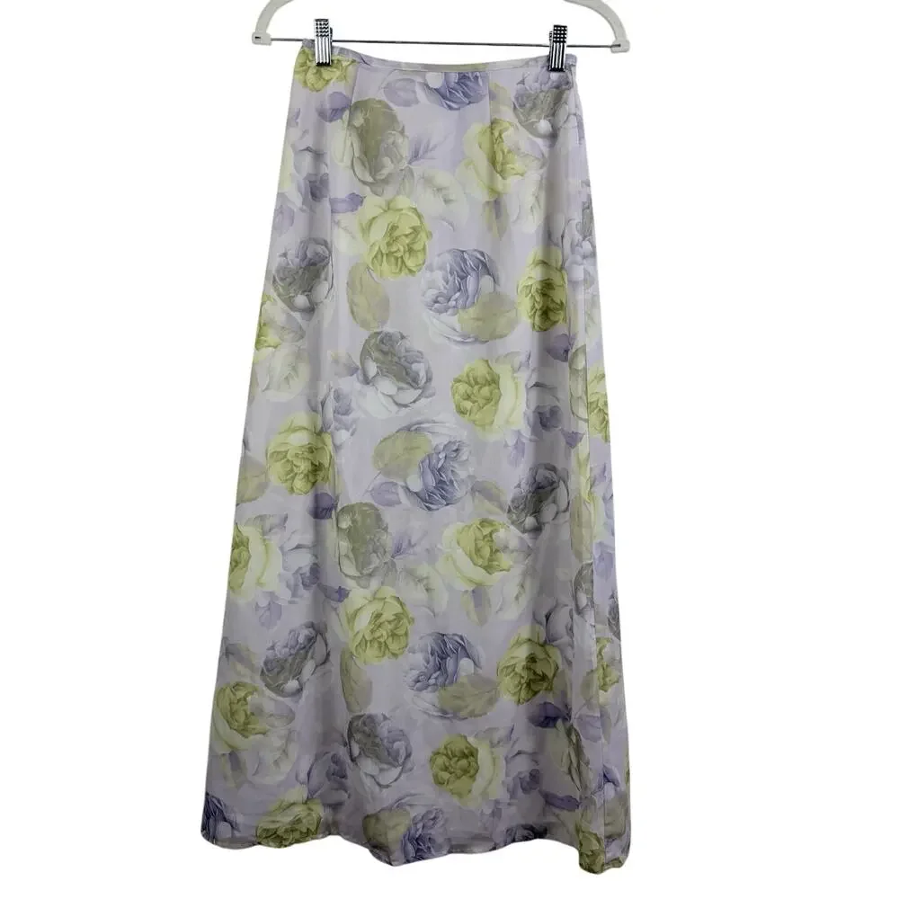 Vintage 90s Y2K XOXO Purple Floral Maxi Skirt Size 3/4 A-Line Fairy Bloomcore